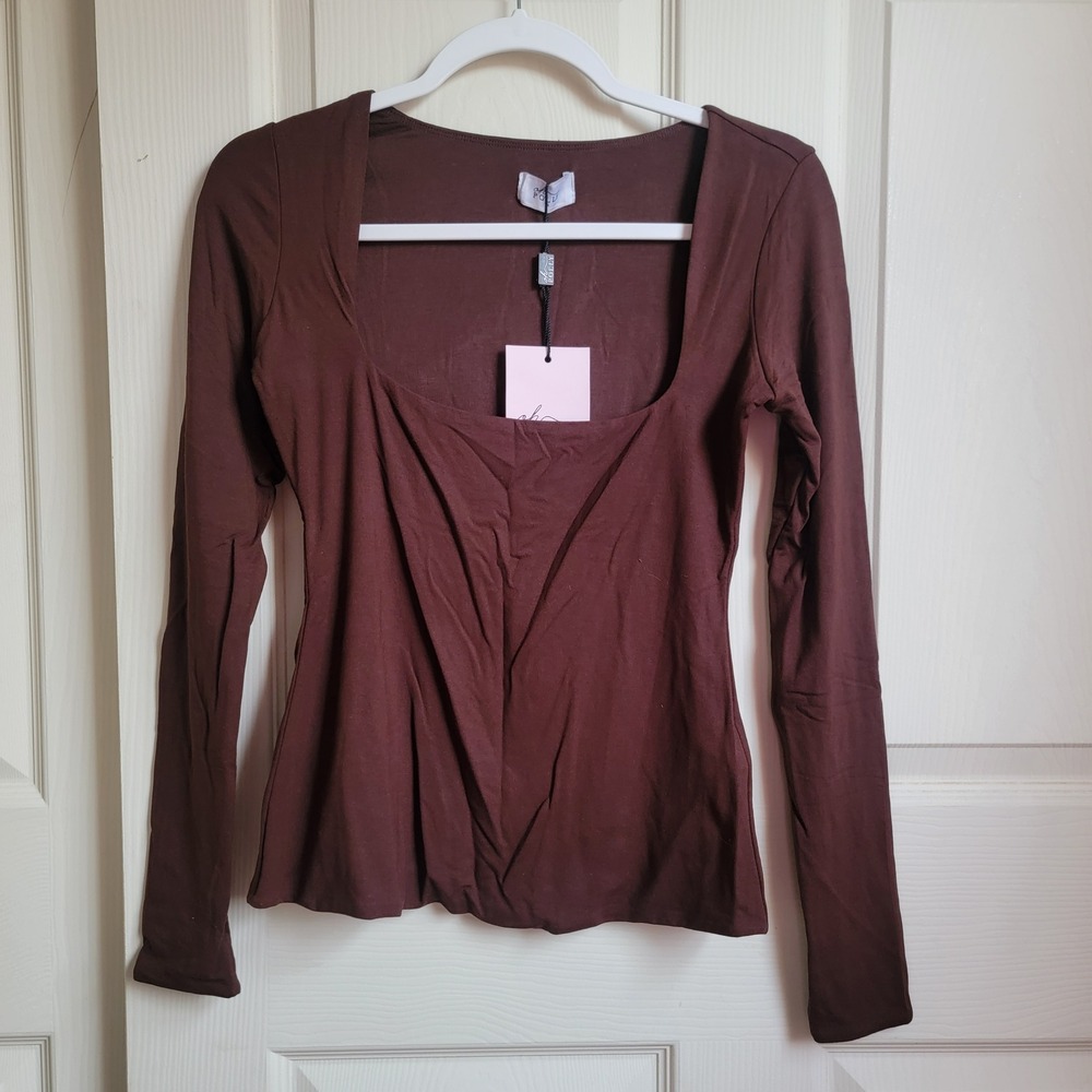 NWT Oh Polly Kaia Modal Square-Neck Long-Sleeve Top in Chocolate Brown Medium - Picture 3 of 9